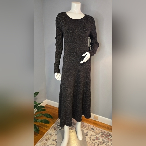 Bailey 44 Black Long Sleeve Stretchy Bodycon Midi Dress Metallic Thread Size M - Picture 1 of 10
